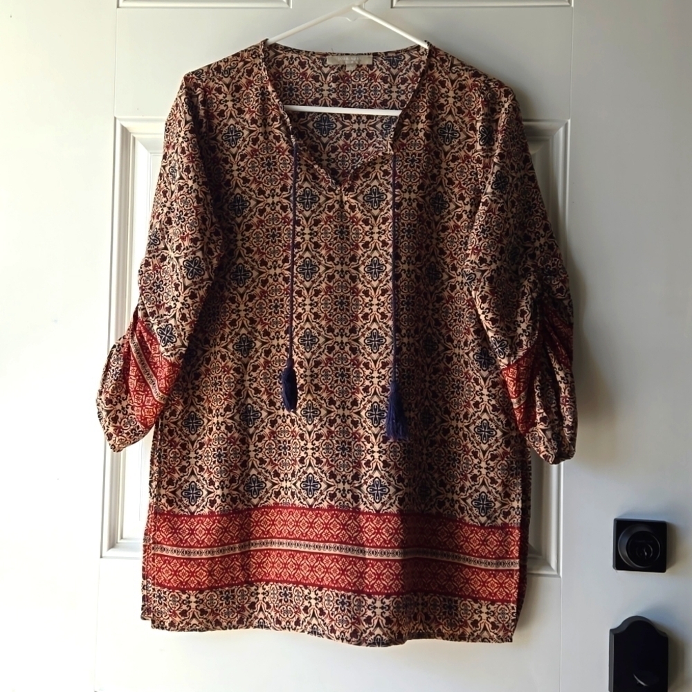 Joan Vass Mandala Print Vneck Tunic Top
